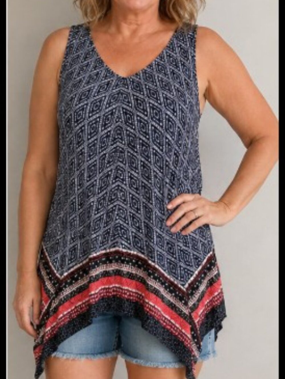 Tribal Jeans Women’s Large Sleeveless Sharkbite Tunic Top Navy Coral Geometric